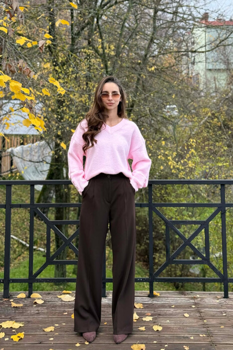 SLEEVE BUTTONS V NECK WOMEN SWEATER PINK/ROZE 