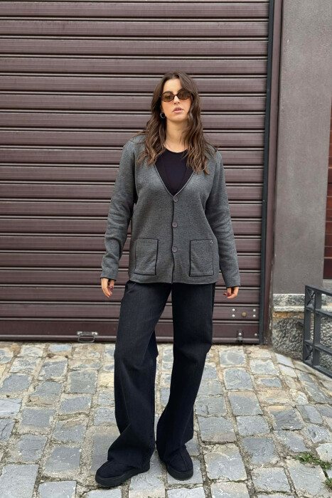 SLEEVE DETAIL SIMPLE WOMEN CARDIGAN DARK GREY/GEE - 1