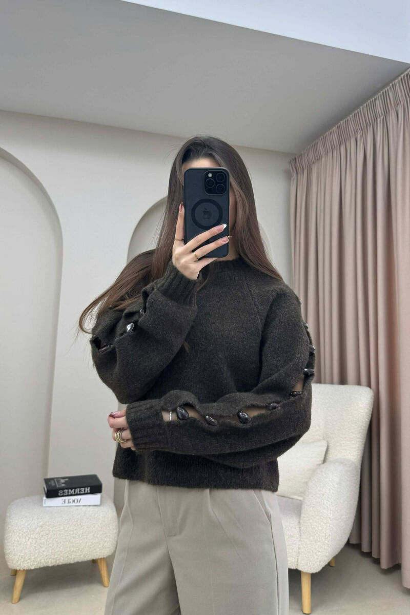 SLEEVE STONE DETAIL SHORT WOMAN SWEATER DARK BROWN/KAE - 2