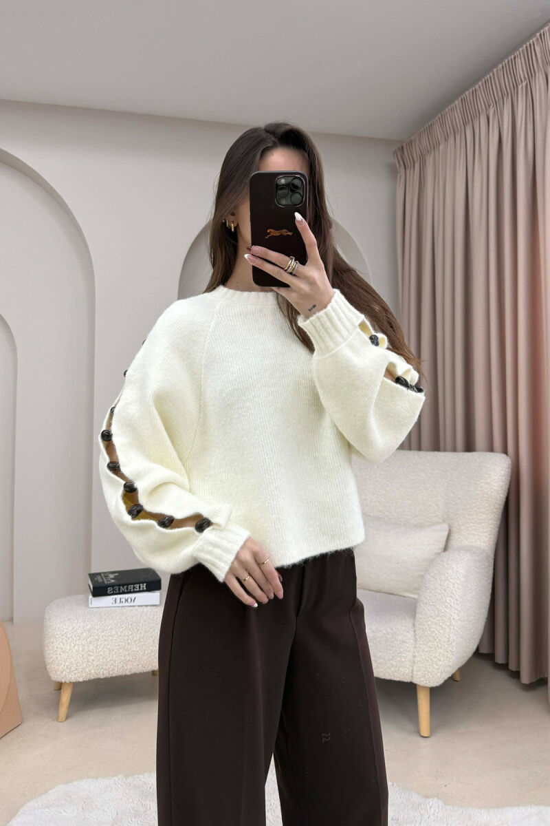SLEEVE STONE DETAIL SHORT WOMAN SWEATER WHITE-E BARDHE - 1