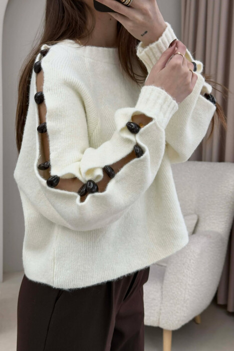 SLEEVE STONE DETAIL SHORT WOMAN SWEATER WHITE-E BARDHE - 2
