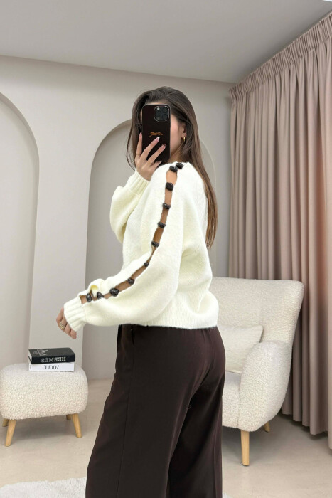 SLEEVE STONE DETAIL SHORT WOMAN SWEATER WHITE-E BARDHE - 3