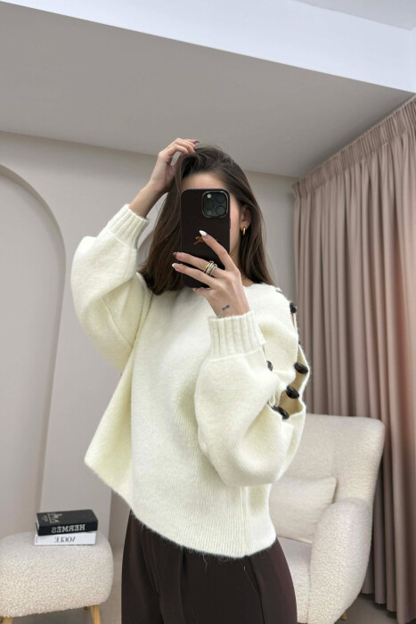 SLEEVE STONE DETAIL SHORT WOMAN SWEATER WHITE-E BARDHE - 4