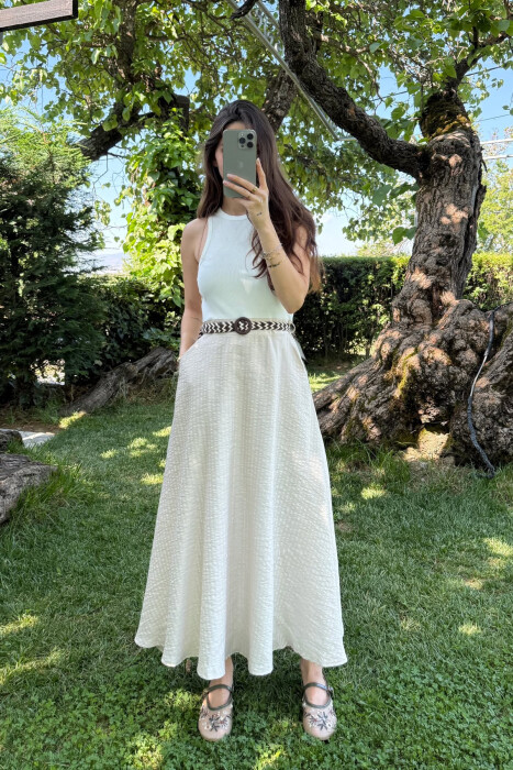 SLEEVELESS BELT DETAIL LONG WOMEN DRESS WHITE-BEIGE/BABZH - 3