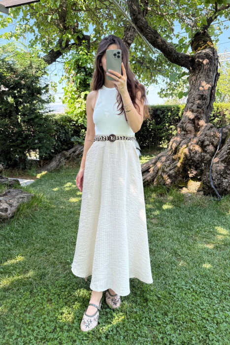 SLEEVELESS BELT DETAIL LONG WOMEN DRESS WHITE-BEIGE/BABZH - 1