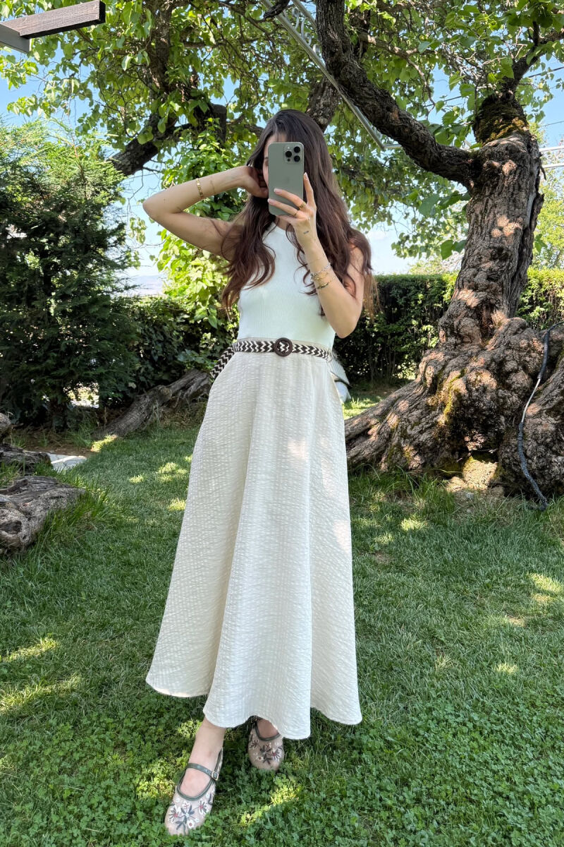 SLEEVELESS BELT DETAIL LONG WOMEN DRESS WHITE-BEIGE/BABZH - 2