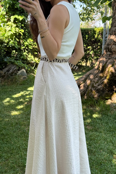 SLEEVELESS BELT DETAIL LONG WOMEN DRESS WHITE-BEIGE/BABZH - 6
