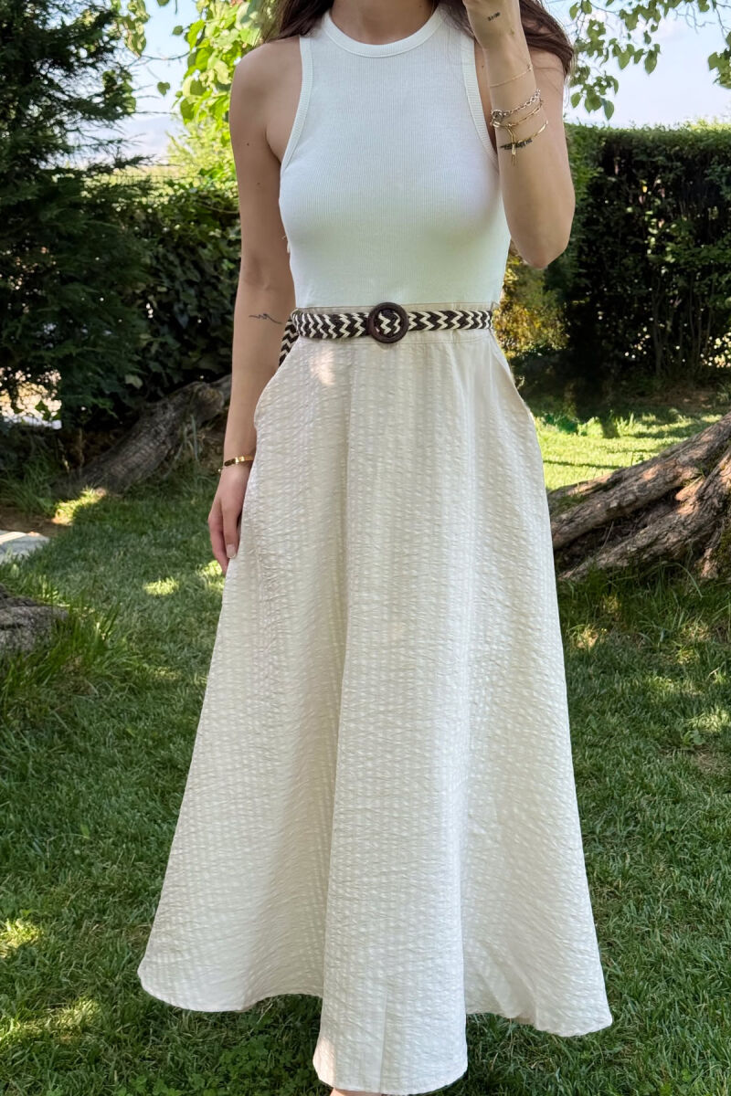 SLEEVELESS BELT DETAIL LONG WOMEN DRESS WHITE-BEIGE/BABZH - 4