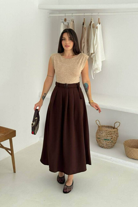 SLEEVELESS BELT DETAIL WOMEN DRESS BEIGE/BEZHE - KLAUDIO FASHION