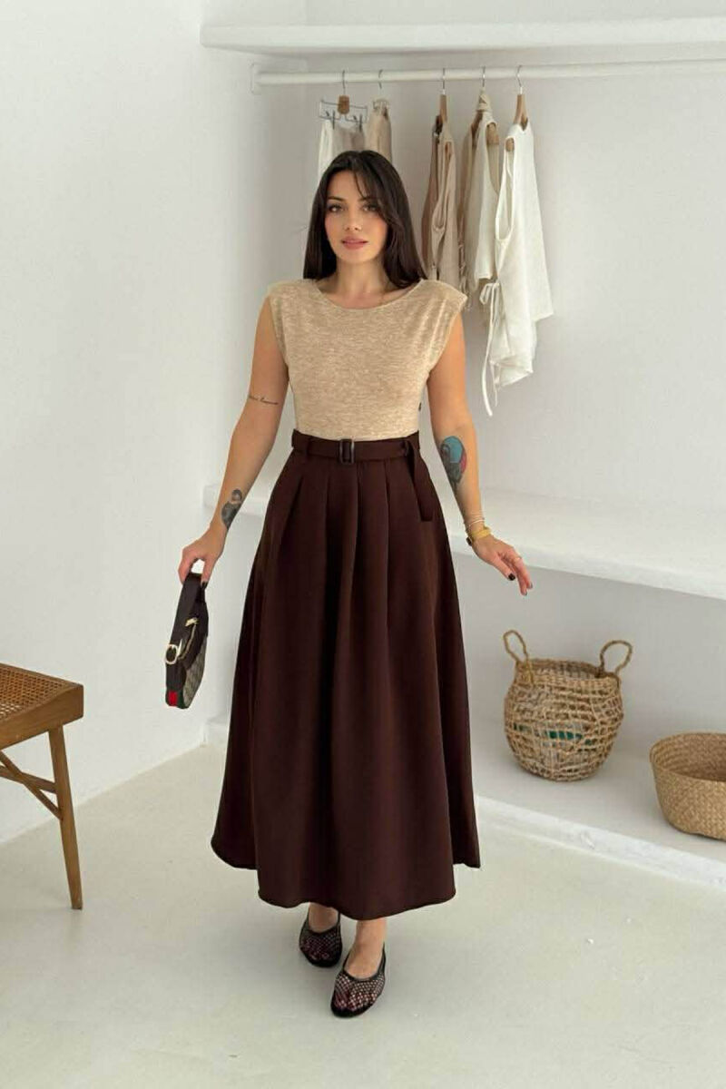 SLEEVELESS BELT DETAIL WOMEN DRESS BEIGE/BEZHE - 1