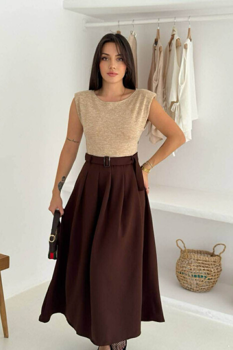 SLEEVELESS BELT DETAIL WOMEN DRESS BEIGE/BEZHE - 2