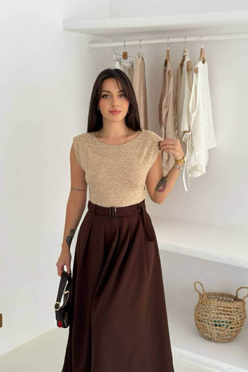 SLEEVELESS BELT DETAIL WOMEN DRESS BEIGE/BEZHE - 3