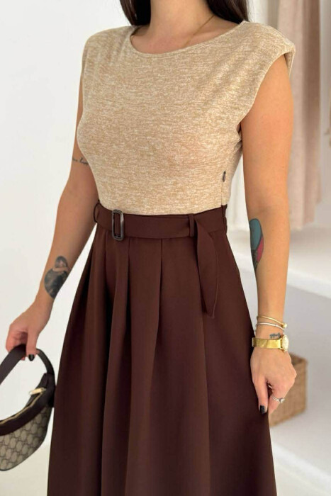 SLEEVELESS BELT DETAIL WOMEN DRESS BEIGE/BEZHE - 4
