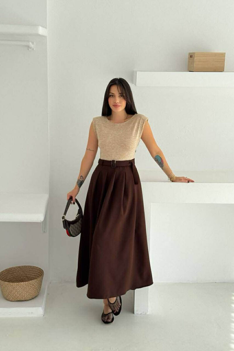 SLEEVELESS BELT DETAIL WOMEN DRESS BEIGE/BEZHE - 5