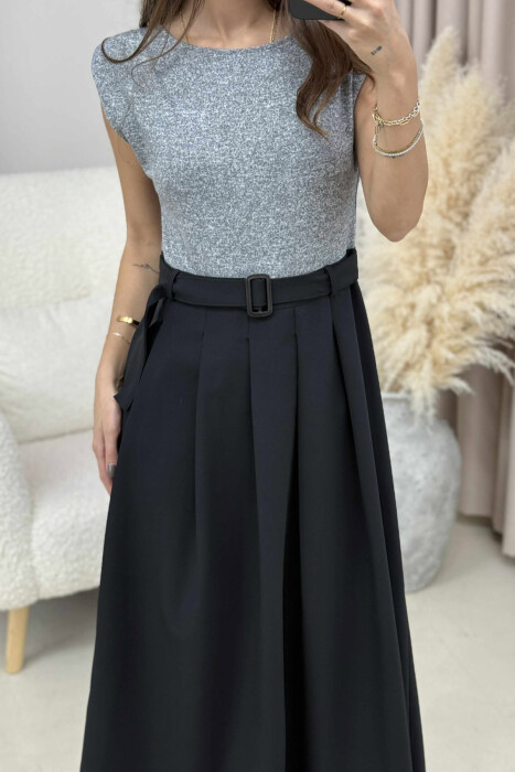 FUSTAN PA MËNGE DHE ME DETAJIN E RRIPIT PËR FEMRA NË NGJYRË GRI - KLAUDIO FASHION