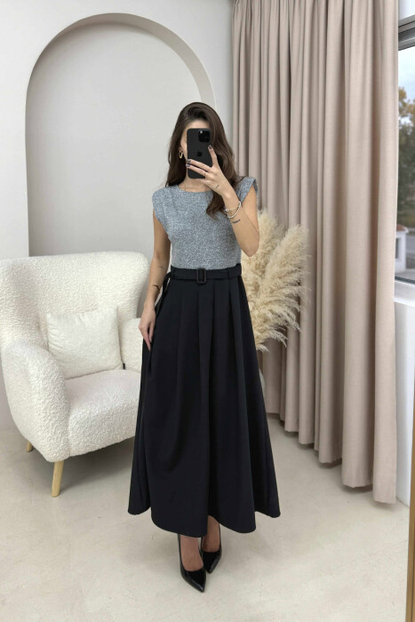 SLEEVELESS BELT DETAIL WOMEN DRESS GREY/GRI - KLAUDIO FASHION