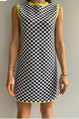 SLEEVELESS CHESS DESIGN WOMEN DRESS BLACK-WHITE/ZB 