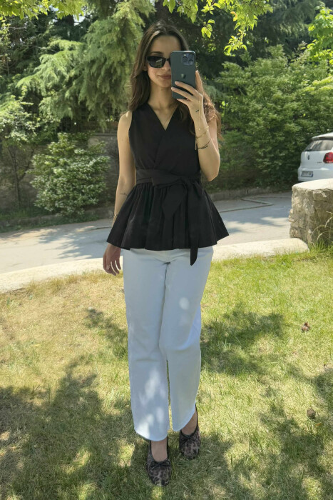 SLEEVELESS ONE COLOR LACING DETAIL WOMEN SHIRT BLACK/ E ZEZE 