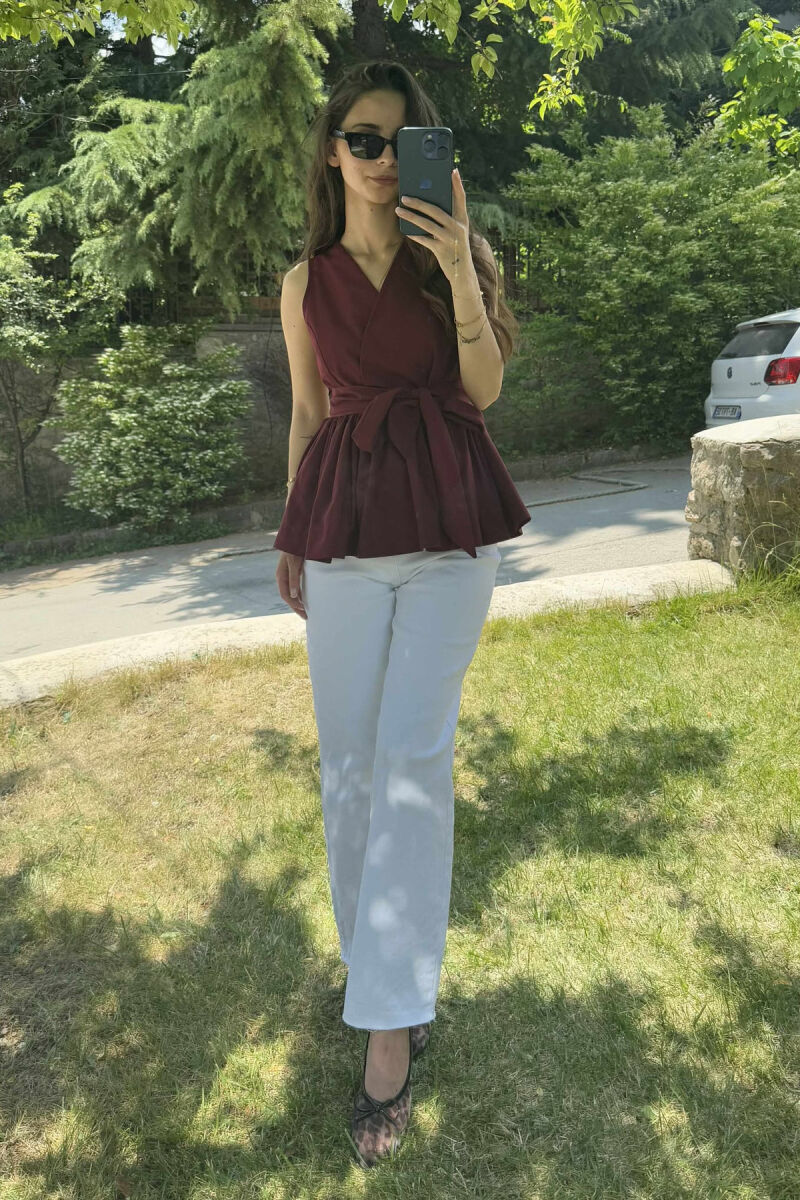 SLEEVELESS ONE COLOR LACING DETAIL WOMEN SHIRT BURGUNDY/VISHNJE - 1
