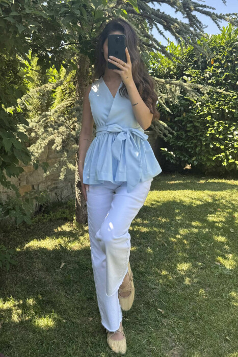 SLEEVELESS ONE COLOR LACING DETAIL WOMEN SHIRT LIGHTBLUE/BZ - 1