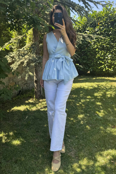 SLEEVELESS ONE COLOR LACING DETAIL WOMEN SHIRT LIGHTBLUE/BZ - 2