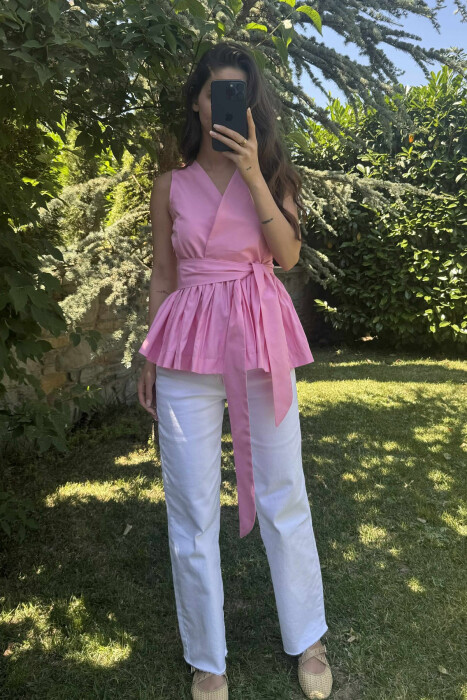 SLEEVELESS ONE COLOR LACING DETAIL WOMEN SHIRT PINK/ROZE 