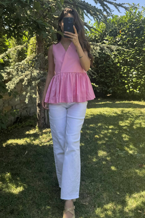 SLEEVELESS ONE COLOR LACING DETAIL WOMEN SHIRT PINK/ROZE - 2