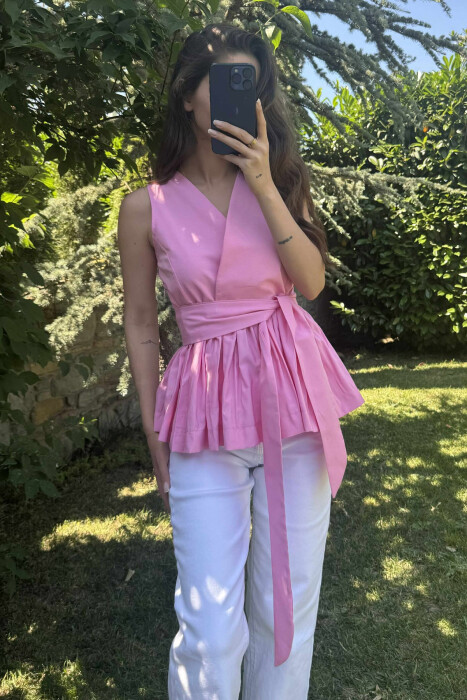 SLEEVELESS ONE COLOR LACING DETAIL WOMEN SHIRT PINK/ROZE - 3
