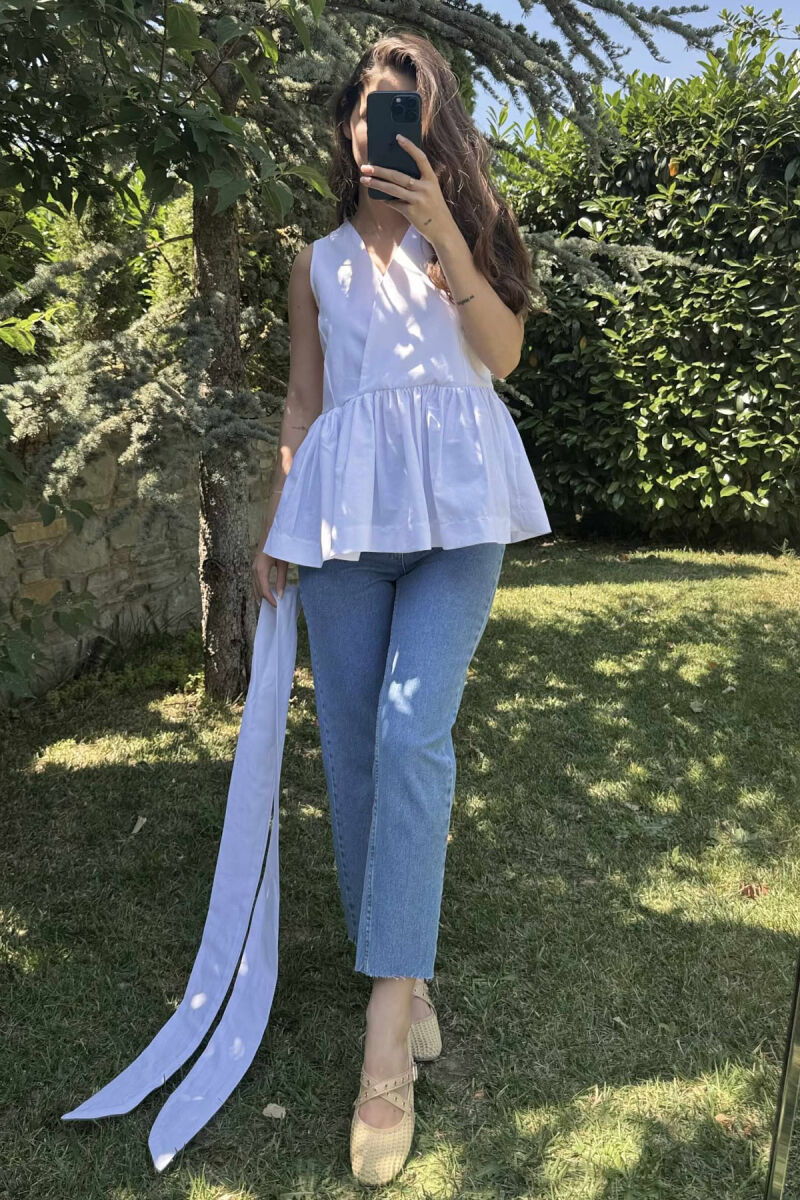 SLEEVELESS ONE COLOR LACING DETAIL WOMEN SHIRT WHITE-E BARDHE - 3