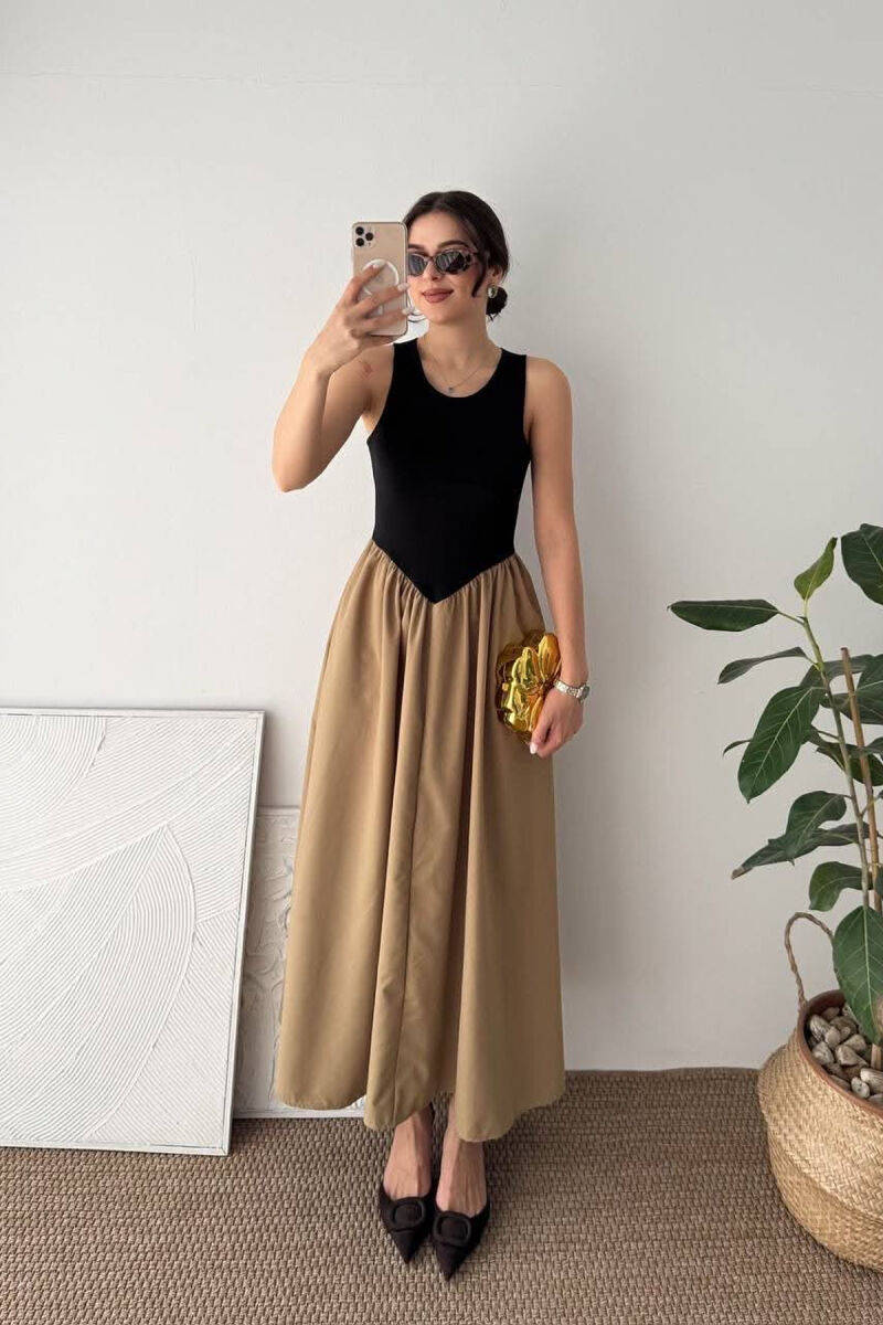 SLEEVELESS ROUND NECK WOMAN DRESS BEIGE/BEZHE - 1