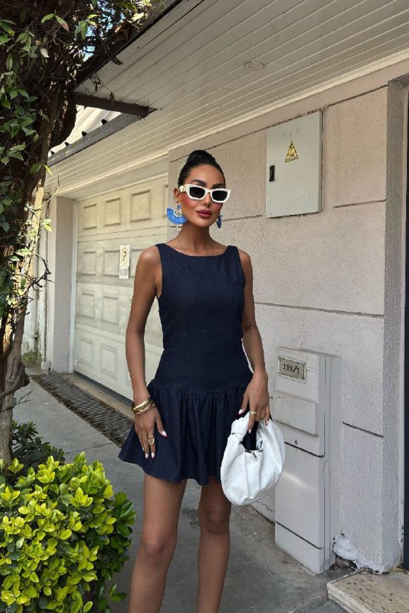 SLEEVELESS SHORT DENIM WOMEN DRESS DARK BLUE/BEE - 4