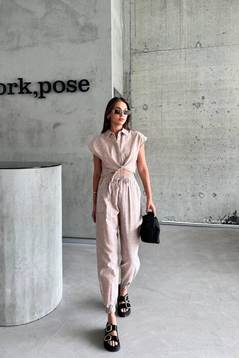 SLEEVELESS STRIPE SHIRT+TROUSERS WOMEN SET BEIGE/BEZHE - KLAUDIO FASHION