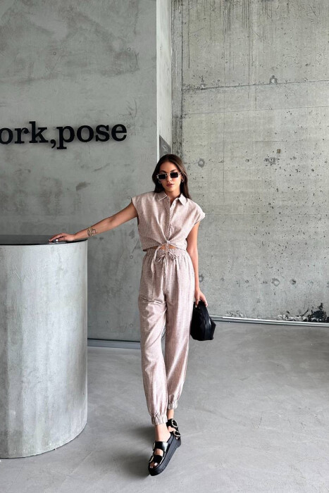 SLEEVELESS STRIPE SHIRT+TROUSERS WOMEN SET BEIGE/BEZHE - 2