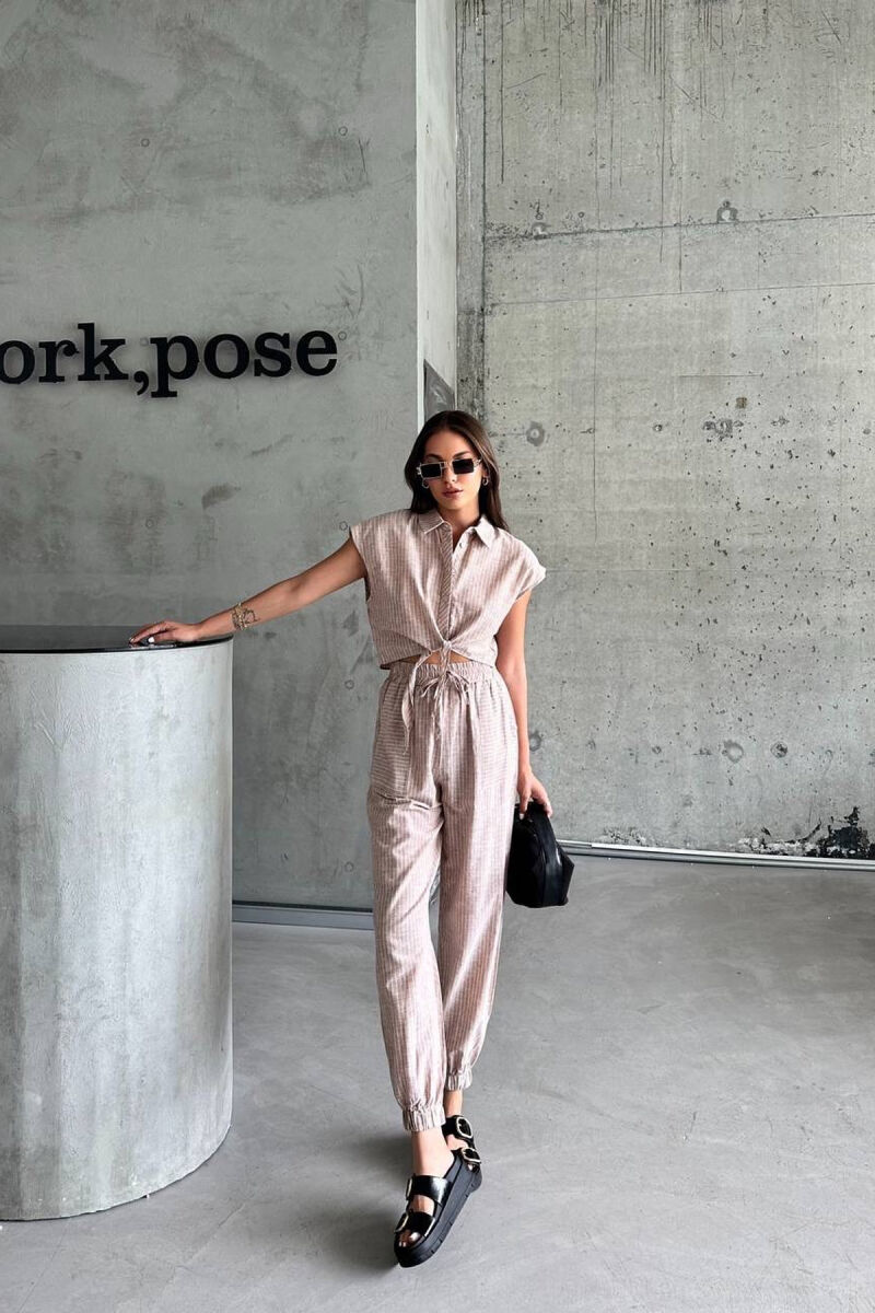 SLEEVELESS STRIPE SHIRT+TROUSERS WOMEN SET BEIGE/BEZHE - 2