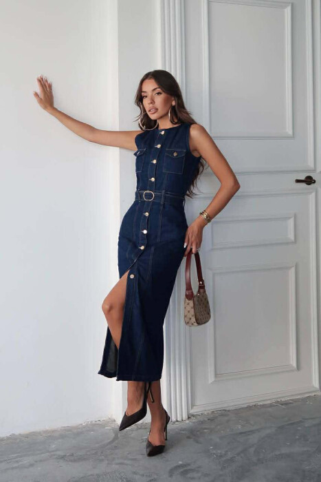 SLEEVLESS LONG DENIM WOMEN DRESS BLUE/BLU - 3