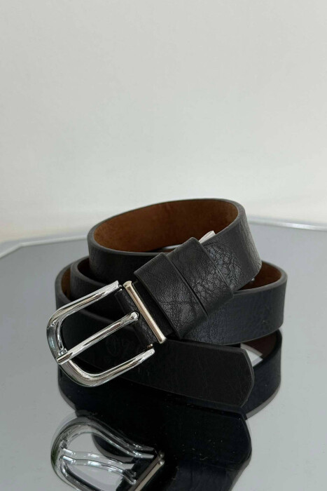 SMALL BUCKLE LEATHER WOMEN BELT BLACK+SILVER/ZEZE+ARGJEND - KLAUDIO FASHION