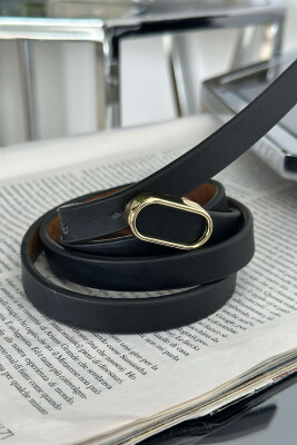 SMALL BUCKLE THIN LEATHER WOMEN BELT BLACK+GOLD/ZEGO 