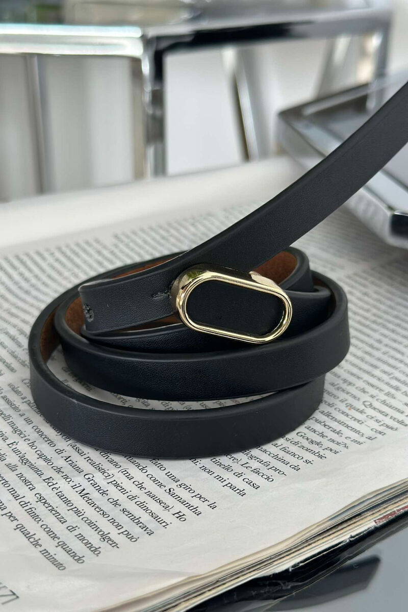 SMALL BUCKLE THIN LEATHER WOMEN BELT BLACK+GOLD/ZEGO - 1