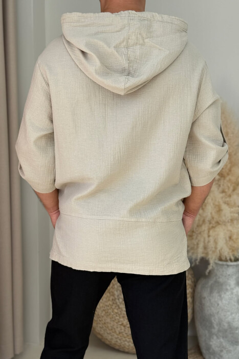 SMALL DESIGN HOODED MEN T-SHIRT BEIGE/BEZHE - 3