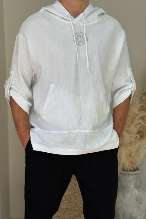 SMALL DESIGN HOODED MEN T-SHIRT WHITE-E BARDHE 