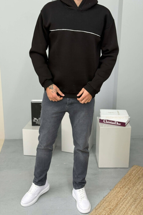 SMALL DETAIL ONE COLOR FLUFFY MEN HOODIE BLACK/ E ZEZE - 1