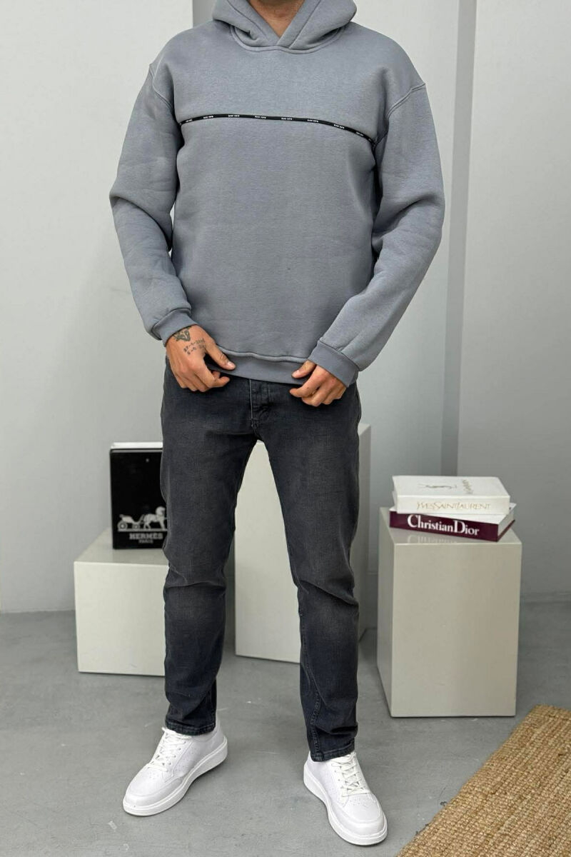 SMALL DETAIL ONE COLOR FLUFFY MEN HOODIE GREY/GRI - 2