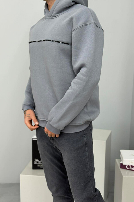 SMALL DETAIL ONE COLOR FLUFFY MEN HOODIE GREY/GRI - 3