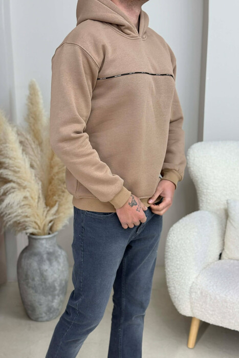 SMALL DETAIL ONE COLOR FLUFFY MEN HOODIE LIGHT BROWN/KAZB - 3