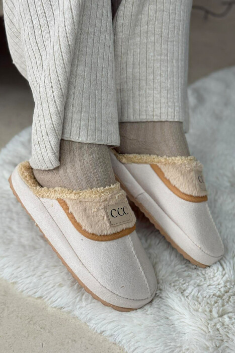SMALL LOGO ONE COLOR WOMEN SLIPPERS CREAM/KREM - KLAUDIO FASHION