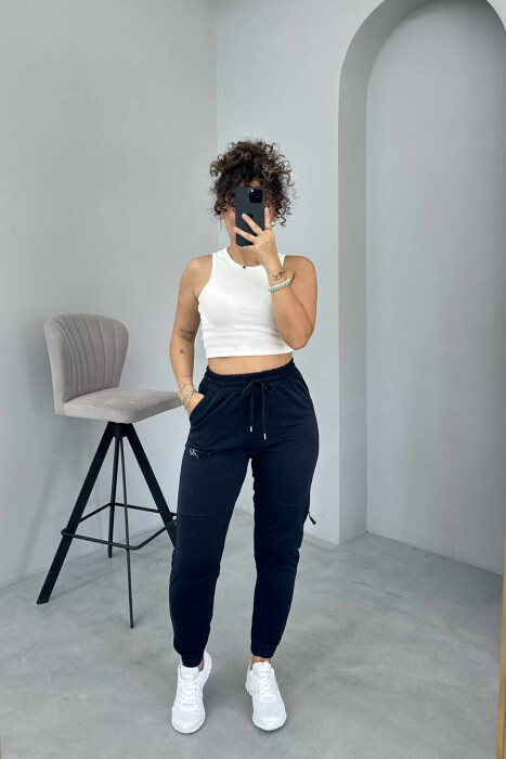SMALL LOGO SIMPLE WOMEN SWEATPANTS DARK BLUE/BEE - KLAUDIO FASHION