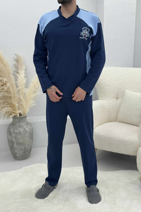 SMALL LOGO SWEATSHIRT+SWEATPANTS MEN PYJAMAS DARK BLUE/BEE - 1