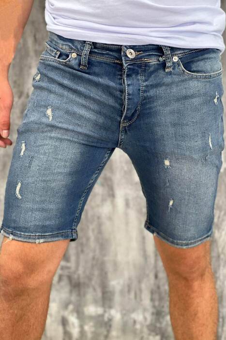 SMALL RIPPED DETAILS SHORT MEN JEANS DARK BLUE/BEE - KLAUDIO FASHION