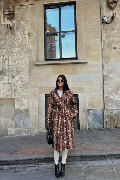 SNAKE DESIGN BELT DETAIL WOMEN TRENCH COAT BROWN/KAFE - 1