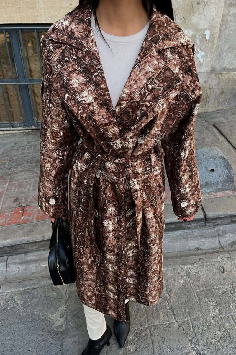 SNAKE DESIGN BELT DETAIL WOMEN TRENCH COAT BROWN/KAFE - 2